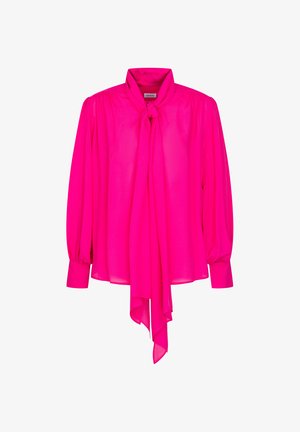 Fuchsia blouse met lange, geblazen mouwen, een gestrikte halsafwerking en een soepele, lichte stof. Heeft een effen kleur zonder patronen.