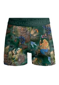 Kaili apakšbikses, kas izgatavotas no auduma ar tumši zaļu fonu un ar vintage kartes dizainu, iekļaujot mermaīdu un jūrniecības elementu ilustrācijas.