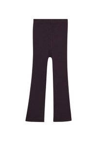 Paarse geribbelde flared leggings met een elastische tailleband, voorzien van een strakke pasvorm bij de dij en een enkele opening aan de onderkant.