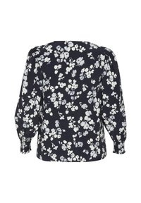 Bluză bleumarin cu flori albe și gri deschis, cu manșete elastice și croială lejeră. Material moale cu un model delicat și texturat.