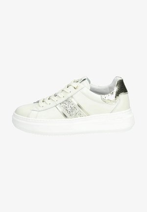 White sneaker with metallic silver accents, featuring a textured heel, glitter stripe, round toe, and thick white sole. Designed with lace closure.