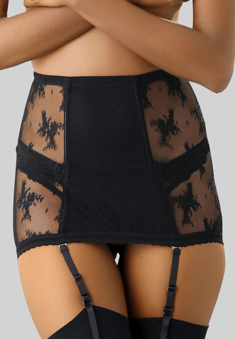 Schwarzer Strumpfhosenrock mit transparenten Punkten und floralen Spitzenpaneelen, verstellbaren Trägern und einem strukturierten Bund mit gewellten Kanten.