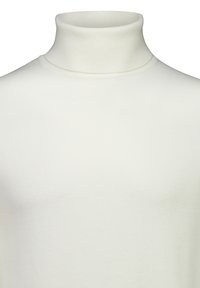 Vit polotröja av mjukt, ribbat tyg; har en hög, tajt krage och slät yta. Inga synliga mönster eller detaljer.