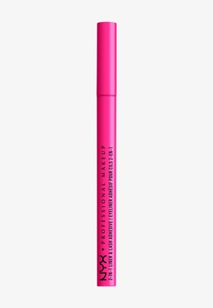 Adhésif pour cils et eye-liner 2 en 1 de NYX Professional Makeup de couleur rose vif avec texte noir sur fond blanc.