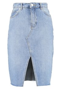 Light blue denim pencil skirt with a front slit, five-pocket design, and high waist. Features sturdy stitching and a classic button closure.