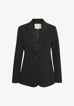 Blazer nero su misura con un solo bottone, rever a lancia e due tasche frontali. Tessuto liscio con una vestibilità classica.