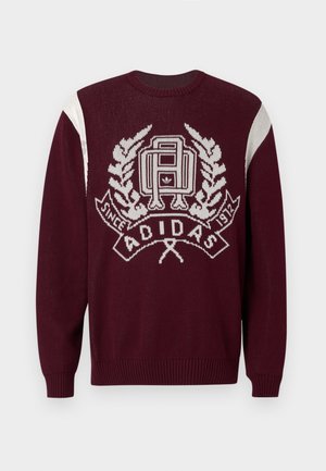 Bordo adīta džemperis ar baltu logo un lauru dizainu, apaļa apkakle, ribotas piedurknes un apakšmala, ar kontrastējošiem plecu paneļiem.