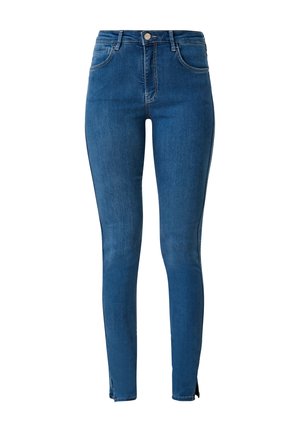 Hoge taille blauwe denim jeans met een aansluitend ontwerp, voorzien van een achterzak en subtiele stikseldetails. Zachte stoftextuur.