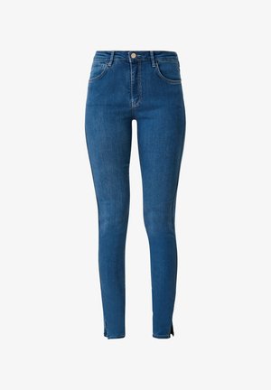 Hoge taille blauwe denim jeans met een aansluitend ontwerp, voorzien van een achterzak en subtiele stikseldetails. Zachte stoftextuur.