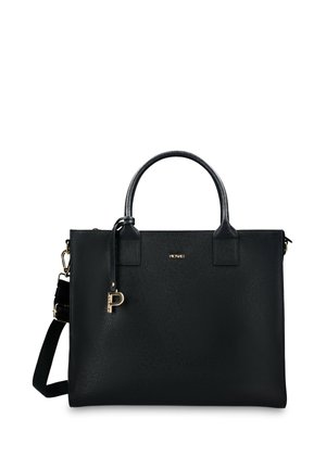 Black structured leather handbag with double handles, detachable shoulder strap, gold "P" charm, and small "PONVD" logo on front.