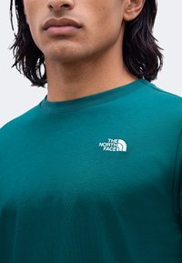 Gros plan d'une personne portant un t-shirt North Face vert sarcelle avec le logo sur le côté gauche de la poitrine. La personne a des cheveux foncés mi-longs.