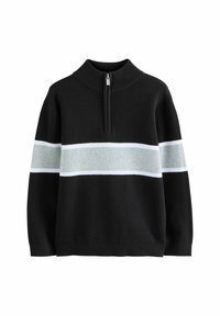 Czarny dzianinowy sweter z szaro-białym poziomym paskiem na wysokości klatki piersiowej, z kołnierzem na pół-zamek i długimi rękawami.