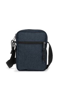 Compact dark blue crossbody bag with front zip pocket and adjustable black strap, designed for hands-free carrying.