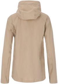 Veste légère beige avec capuche, manches longues et texture lisse. Caractéristiques de couture minimale et design simple et épuré.