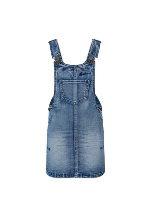 Vestido peto de mezclilla con tirantes ajustables, bolsillo frontal en el pecho, botones laterales y detalle bordado en la zona del pecho.