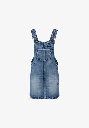 Jeans-Latzkleid mit verstellbaren Trägern, einer Brusttasche vorn, seitlichen Knöpfen und einer bestickten Verzierung im Brustbereich.