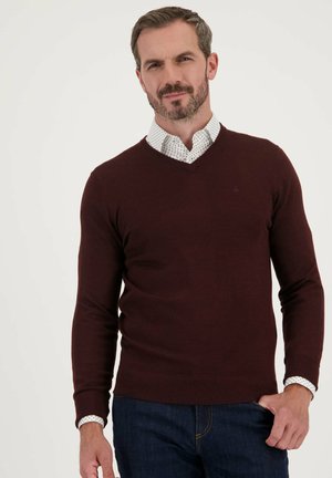 Bordeaux v-hals trui van een zachte breimateriaal, met lange mouwen en geribbelde manchetten, gedragen over een wit met stippen blouse.