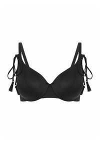 Czarny biustonosz z gładkimi, formowanymi miseczkami. Posiada regulowane ramiączka z frędzlami. Projekt zawiera zapięcie na haczyk z tyłu.