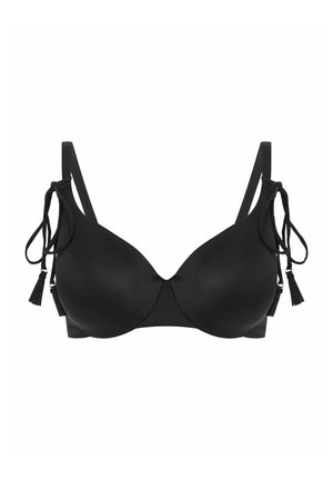 Czarny biustonosz z gładkimi, formowanymi miseczkami. Posiada regulowane ramiączka z frędzlami. Projekt zawiera zapięcie na haczyk z tyłu.