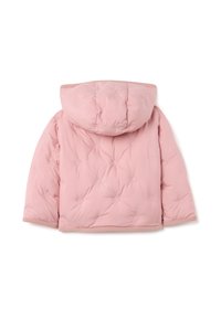 Veste matelassée rose avec une capuche, présentant un motif en forme de cœur, un tissu texturé, et des poignets et un ourlet côtelés. Vue de dos affichée.