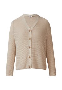 Beige gebreide cardigan met een v-hals, knopen aan de voorkant en driekwart mouwen. De textuur is open en geweven, met een ontspannen pasvorm.