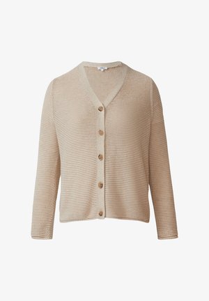 Cardigan lavorato a maglia beige con scollatura a V, bottoni frontali e maniche a tre quarti. La trama è aperta e tessuta, con una vestibilità comoda.