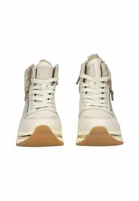 Vysoké tenisky z lehkého béžového koženého materiálu, s huňatým límcem, šněrováním vpředu a bočním zipem. Gumová podrážka s mírnou texturou.