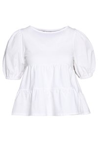 Bílá krátká halenková blůza s nafouknutými rukávy, kulatým výstřihem a volným, vrstveným peplum lemem.