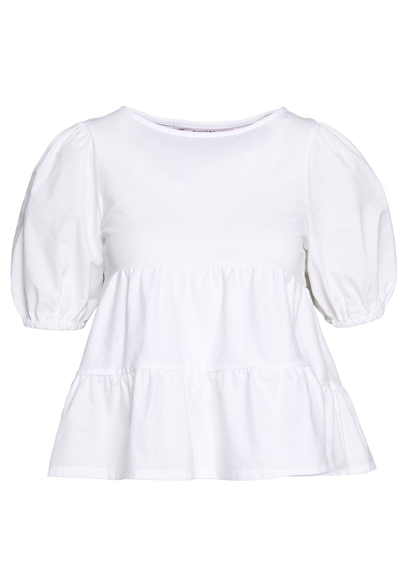 Bílá krátká halenková blůza s nafouknutými rukávy, kulatým výstřihem a volným, vrstveným peplum lemem.