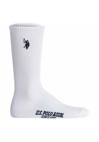 Weiße Baumwollsocken mit feiner Rippstruktur. Mit einem marineblauen Logo und dem Markentext "U.S. POLO ASSN. SINCE 1890" in der Nähe des Zehenbereichs.