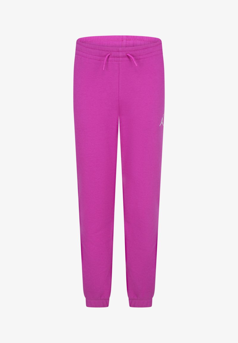 Rozā sporta bikses ar auklu jostasvietā, sašaurinātām kājām un ribinātām aprocēm. Uz kreisā gurnu puses atrodas neliels balts logo. Audums ir kokvilnas maisījums.