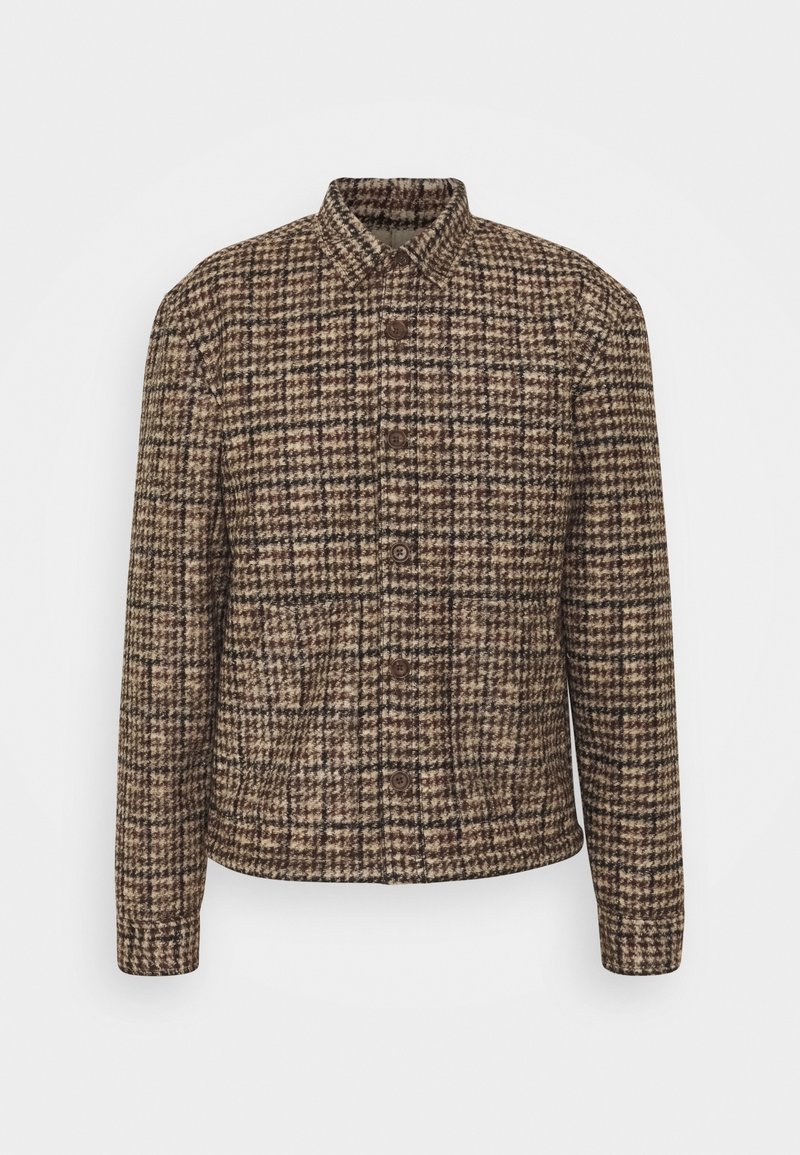 Veste en laine à motifs pied-de-poule marron, beige et noir, à boutons, manches longues et petit col montant.