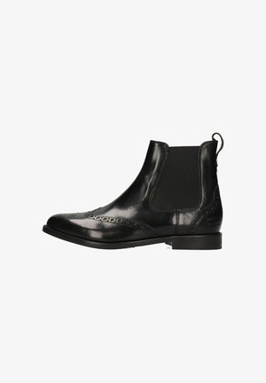 Zwarte leren Chelsea-boots met elastische zijkanten, brogue-details op de neus en een trekband aan de achterkant. Lage gestapelde hak.