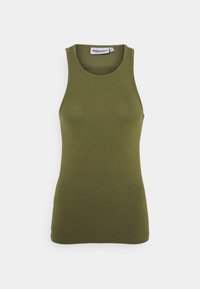Camiseta sin mangas de color verde oliva con cuello redondo, hecha de una suave tela de algodón, que presenta un sutil logotipo en relieve en el frente.