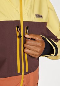 Mångfärgad jacka med gul överdel, brun mitten och orange nederdel. Har dragkedjefickor och åtsittande ärmar av svart tyg.