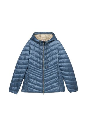 Veste matelassée bleue avec capuche, présentant un intérieur beige clair. Motif en chevrons, fermeture éclair dorée et détails à cordon de serrage au col.