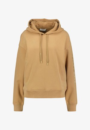 Beige capuchontrui met trekkoordjes, geribbelde manchetten en zoom, en "ROLLER DAYS" verticaal gedrukt op de rechtermouw.