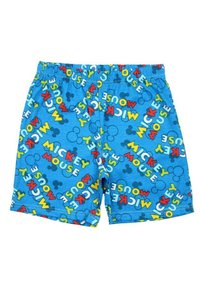 Shorts bleus avec un motif répété du texte "Mickey Mouse" en rouge, jaune et vert, accompagné de silhouettes noires de souris en forme de cercle. Taille élastique.