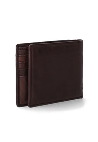 Dark brown leather bifold wallet with visible card slots on one side, standing partly open on a white background.