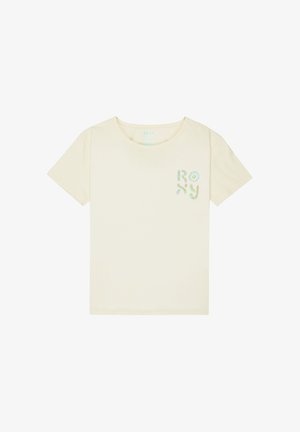 Crèmekleurig T-shirt van zacht katoen met korte mouwen. Voorzien van een zeefdruk van een veelkleurig logo op de linkerborst. Ronde halslijn.