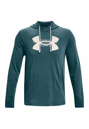 Hooded sweatshirt in dark teal fabric with long sleeves, front pocket, white logo and text on chest, drawstrings at neckline, smooth texture.