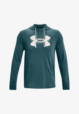 Hooded sweatshirt in dark teal fabric with long sleeves, front pocket, white logo and text on chest, drawstrings at neckline, smooth texture.