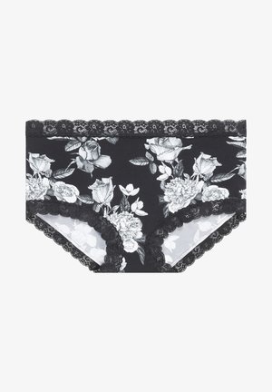 Svart blommönstrad trosa med vita rosor, med en delikat spetsmidja och kant, tillverkad av mjukt tyg med en slät textur.