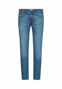 Lichtblauwe denims met een slim fit, voorzien van vijf zakken, een knoopsluiting en subtiele vervagingen en stikdetails.