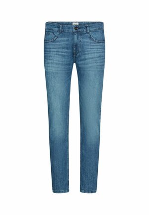 Lyseblå denimjeans med en slim fit, der har fem lommer, knaplukning og diskrete falmninger og syninger.