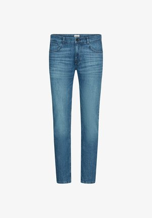 Helleblaue Jeans im Slim Fit, ausgestattet mit fünf Taschen, einem Knopfverschluss sowie subtilen Verblassungen und Nähdetaillierungen.