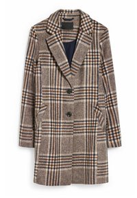 Abrigo de cuadros marrón con cuello de muesca, cierre de botones y dos bolsillos laterales. Presenta una tela texturizada con acentos en azul y beige.