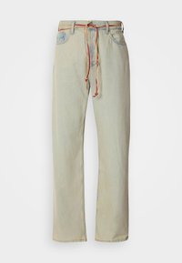 Light blue, straight-leg jeans made of denim. Features a colorful drawstring and standard five-pocket design.