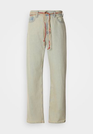 Ljusblå, raka jeans i denim. Har en färgglad dragsko och standard femfickdesign.