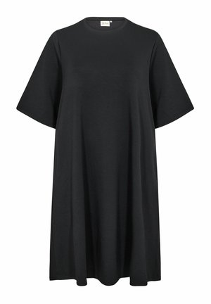 Rochie supradimensionată neagră dintr-un material moale, cu guler rotund și mâneci scurte, cu o croială lejeră și fără ornamente.